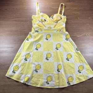 Cider Women's Lemon Print Mini Dress Yellow Gingham Fit & Flare Size M